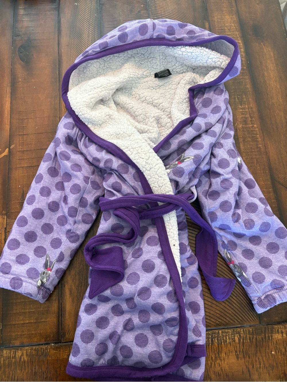 Kids Purple Polka Dot Hooded Bath Robe with Sherpa Lining